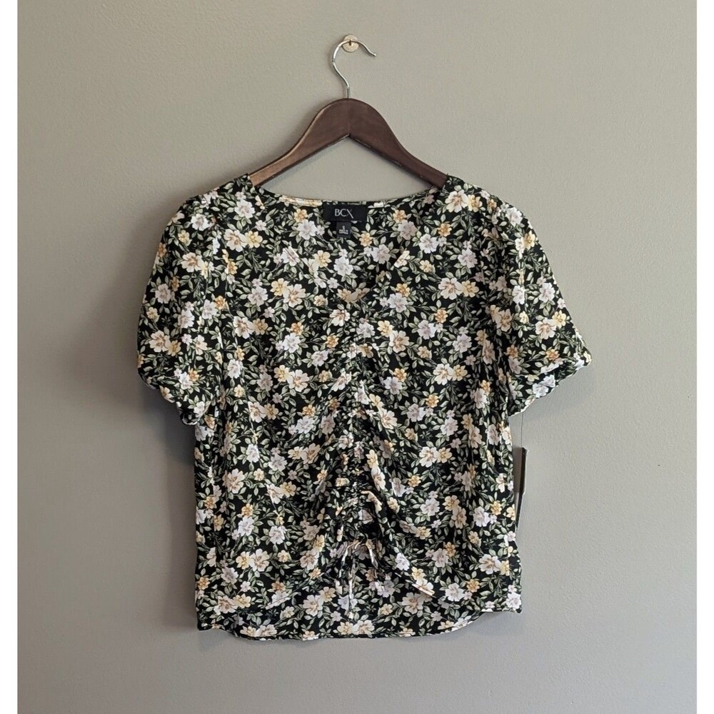NWT BCX Womens Small Black Floral Puff Sleeve Cinched Front V-Neck Blouse Yellow